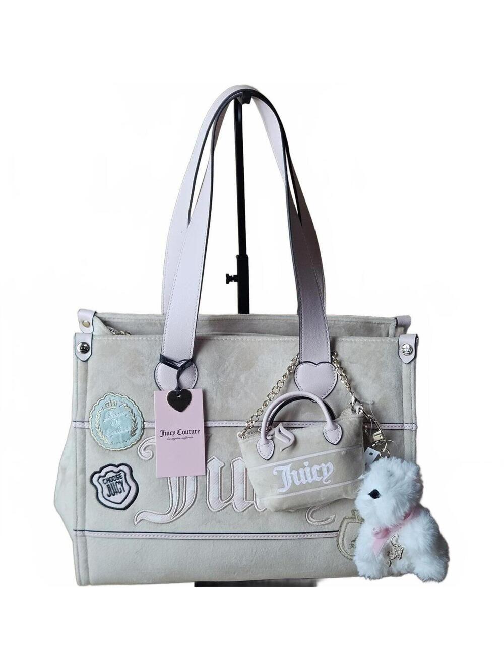 Juicy Couture Study In Style Buff Beige Velour Patchwork Tote NWT